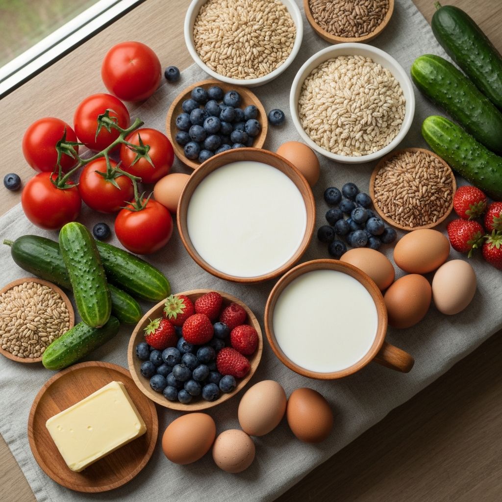 Beautiful flat lay of diverse natural Polish foods including vegetables, fruits, grains, eggs, and dairy products