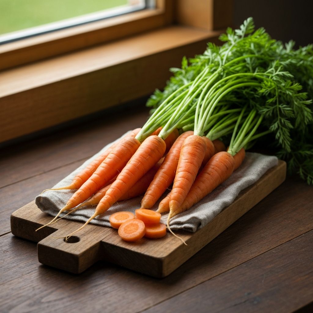 Fresh orange carrots with green tops, some sliced on wooden cutting board