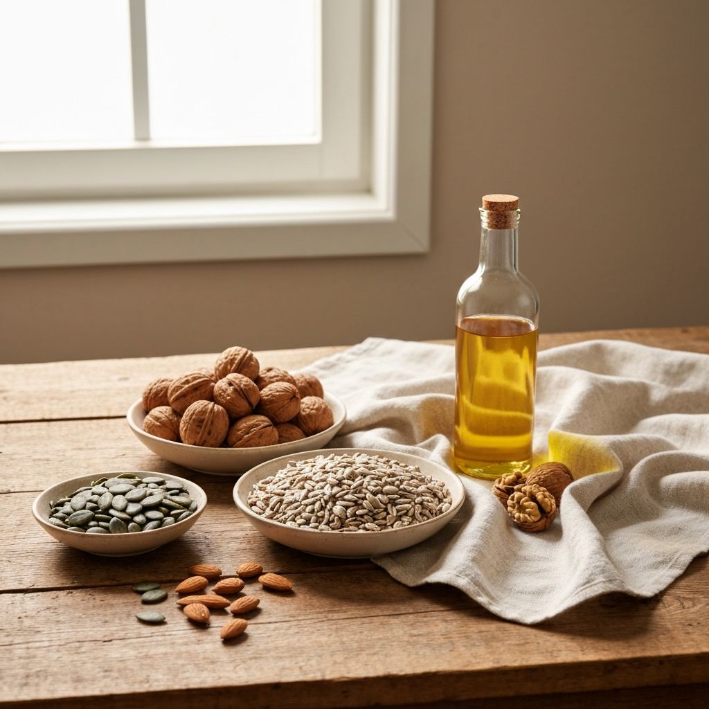 Assorted raw nuts, seeds, and bottle of cold-pressed oil on wooden surface